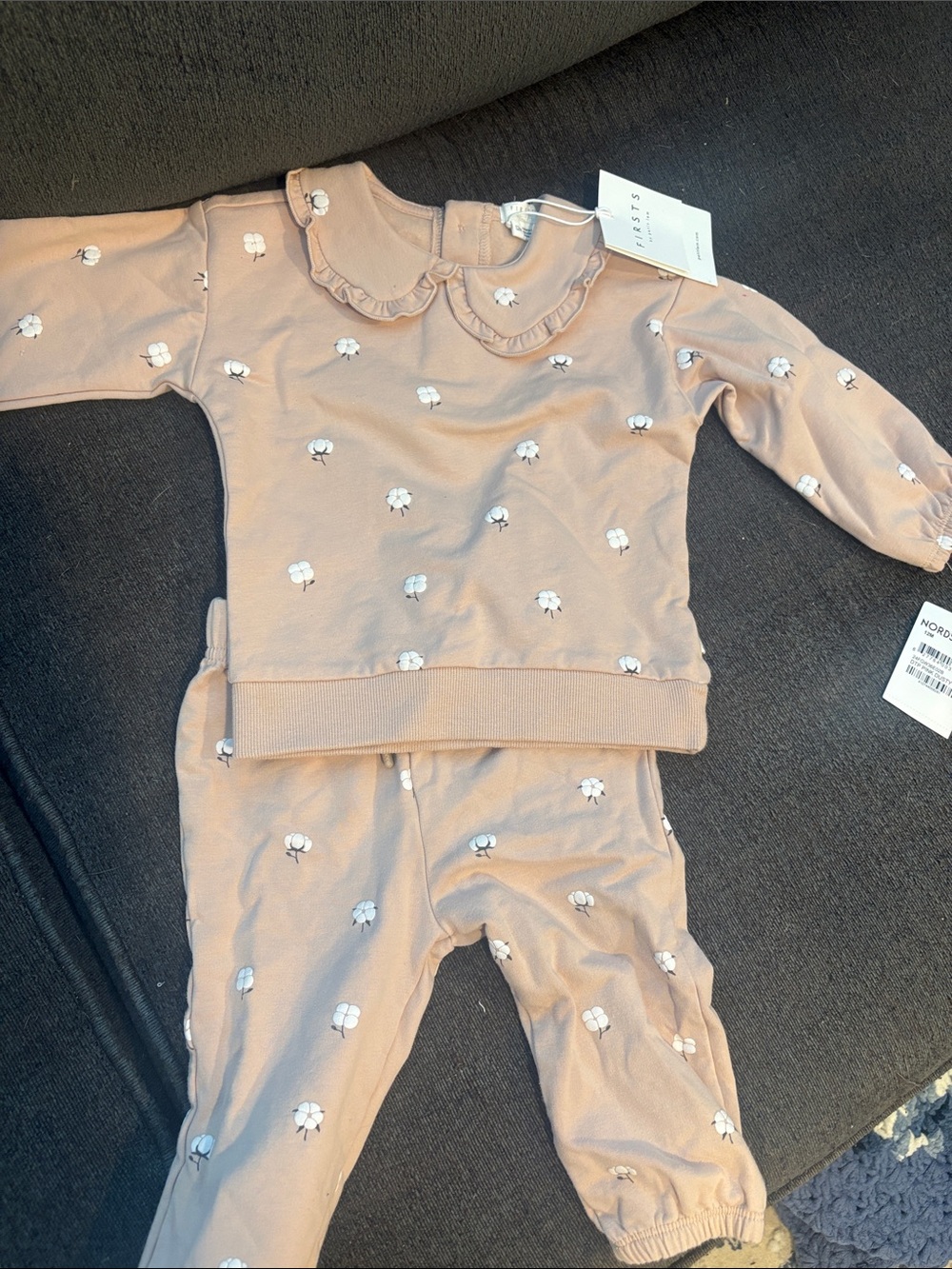 Petit Lem Pink/ Beige Ruffle Collar Matching Set with White Flower Motif